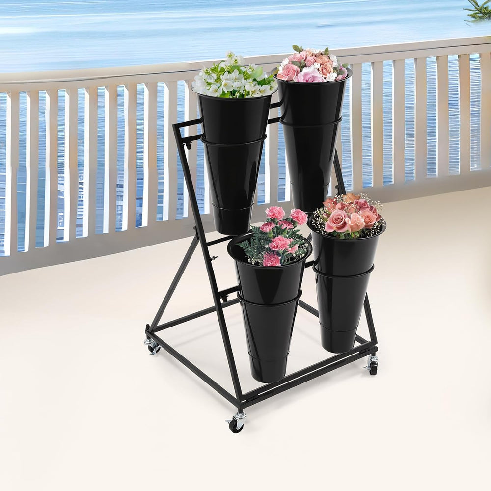Flower Display Stand with 4pcs Buckets 2 Tier Flower Bar Movable Florist Bouq...