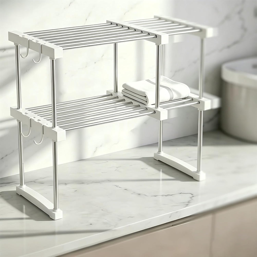 BLULEE Expandable Under Sink Organizer, No-Drill Adjustable Shelf
