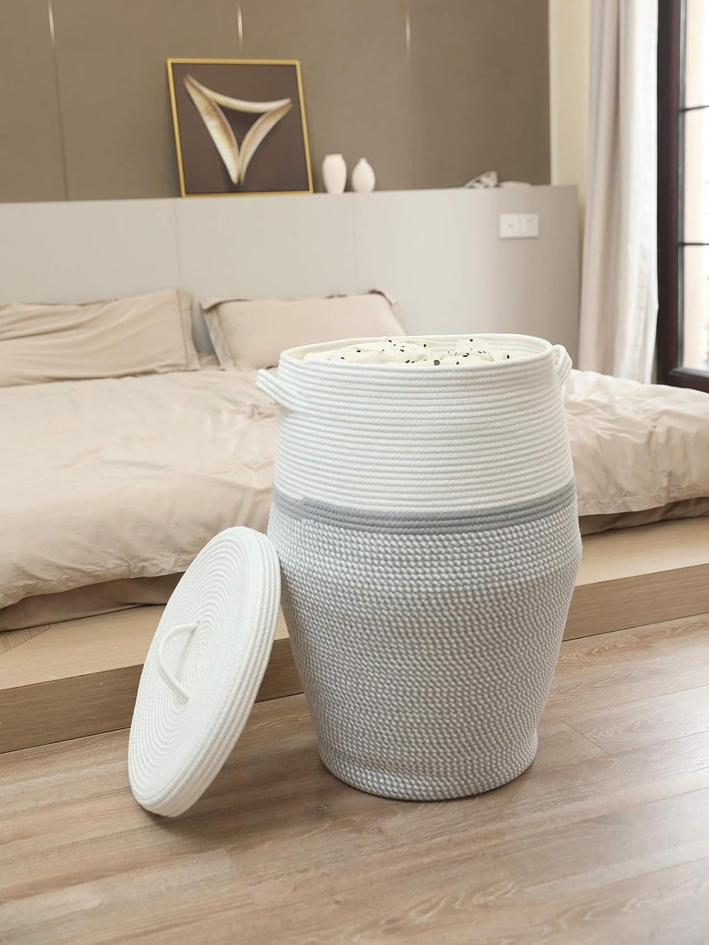26"x20" Extra Large Tall Woven Laundry Basket with Lid, Cotton Rope...