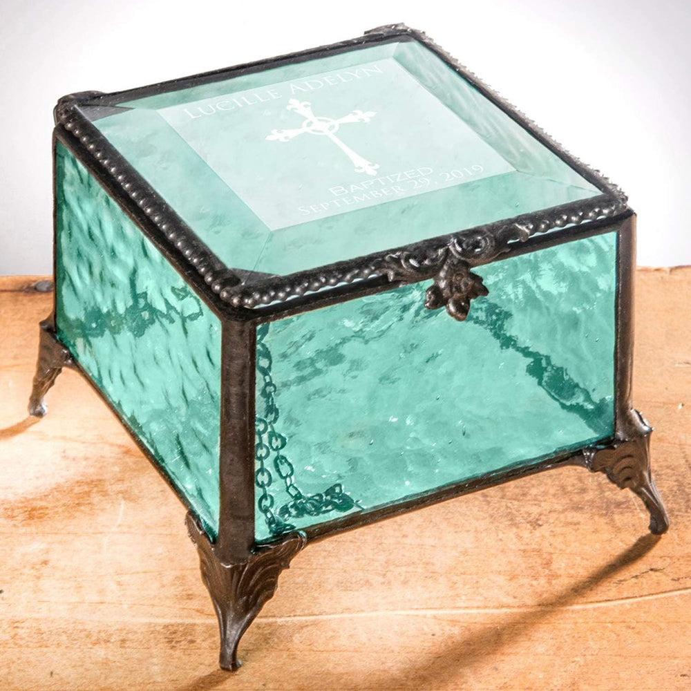 Baptism Gift for Girls Personalized Keepsake Box Stained Glass Engraved Cross...