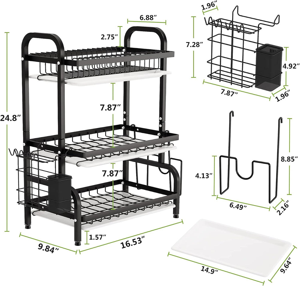 1Easylife Drying Rack, Metal 3-Tier Large Capacity Dish Rack with Utensil Hol...