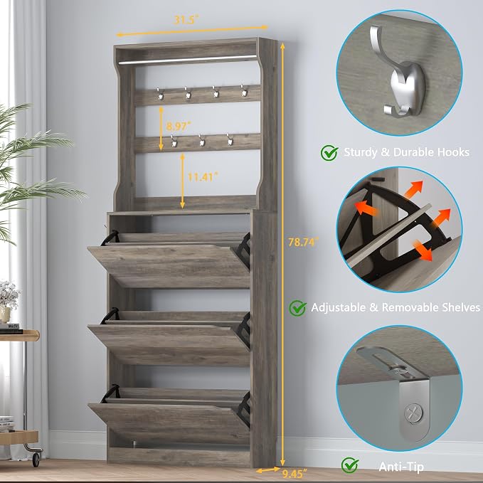 Shoe Cabinet with 3 Flip Drawers & Coat Rack, Narrow Hidden Shoe Storage ...