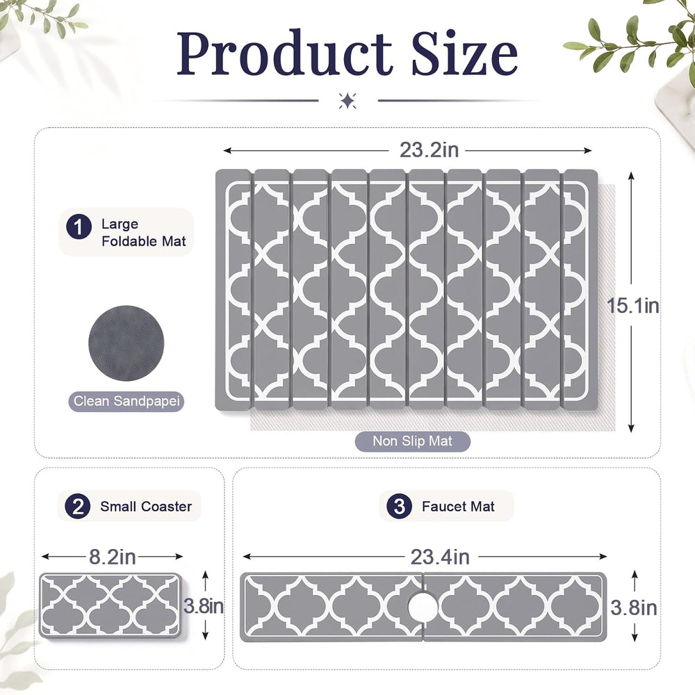 Large Stone Dish Drying Mat Set for Kitchen Counter Gray