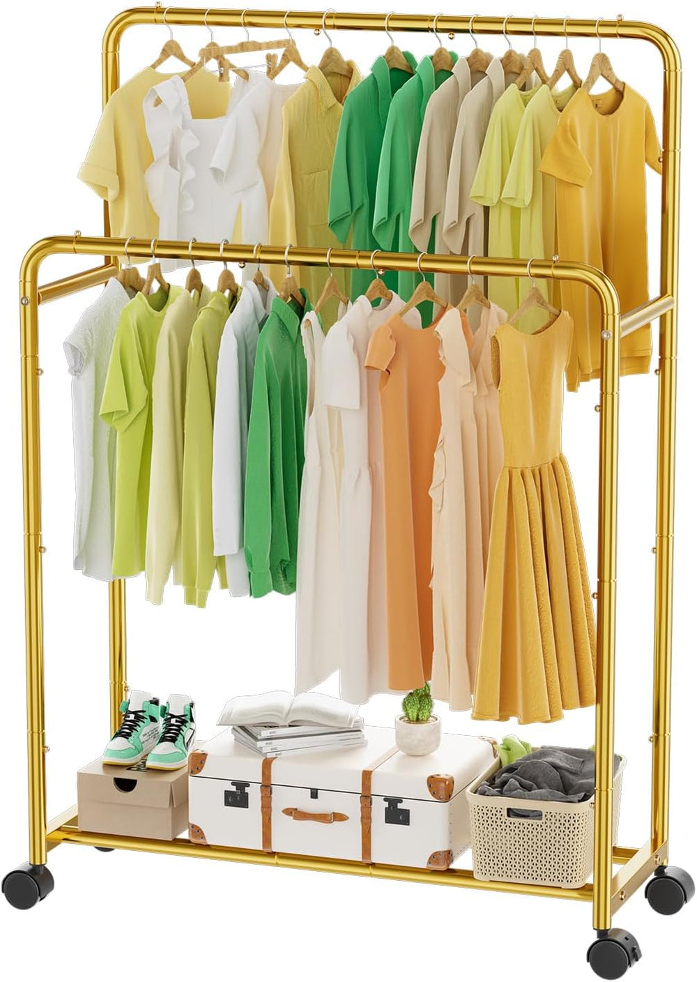 Simple Trending Clothing Clothes Rack Double Rods with Wheels, Rolling Metal ...