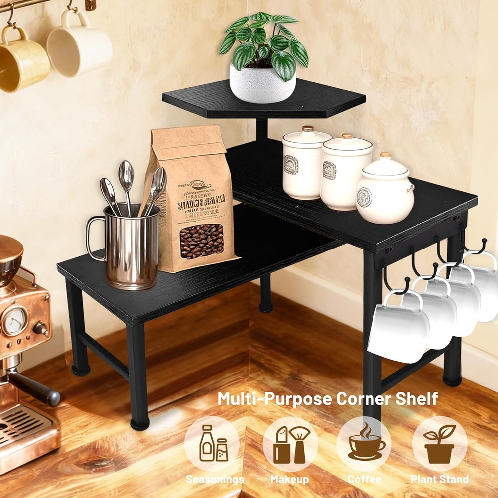 Counter Organizer Shelf, 3 Tier Moveable Black Corner Shelf Organizer with Ho...
