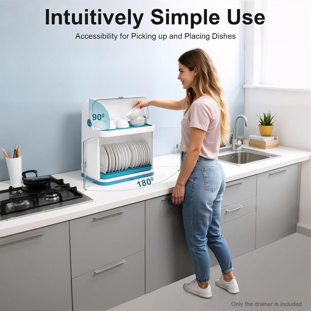 2-Tier Dish Dryer Rack with Cover & Drainboard Utensil Organizer with Lid...