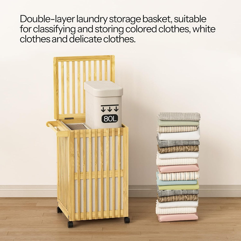 HOOBRO Laundry Hamper with Lid and Wheels, 120 L (31Gal) Double Laundry Baske...