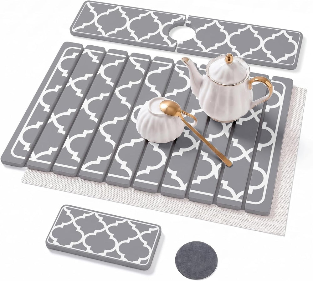 Large Stone Dish Drying Mat Set for Kitchen Counter Gray