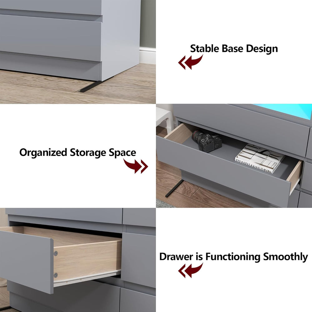 Gyfimoie Grey 6-Drawer Dresser for Bedroom w/Power Outlet and LED Light