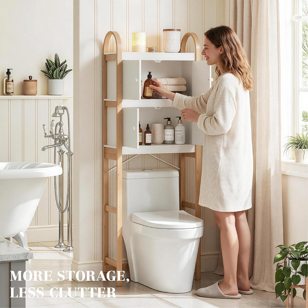UTEX Over the Toilet Storage Cabinet with Doors, Arched Bamboo Frame, White