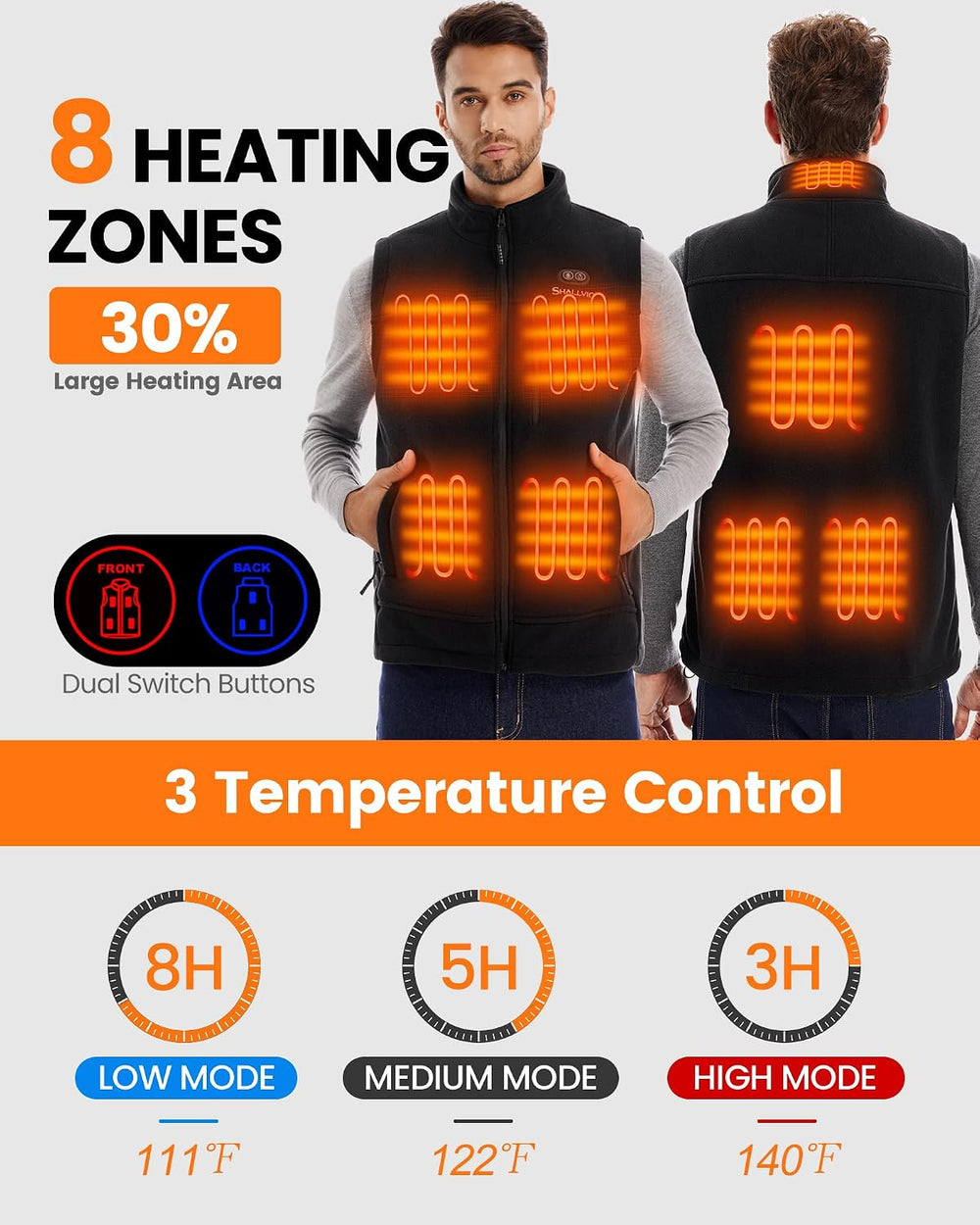 Heated Vest for Men, Soft Fleece with Battery Pack Included,8 Heating Zones