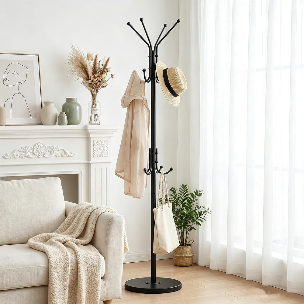 Freestanding Coat Rack, 12 Hook, Black Coat Stand with Wood Base