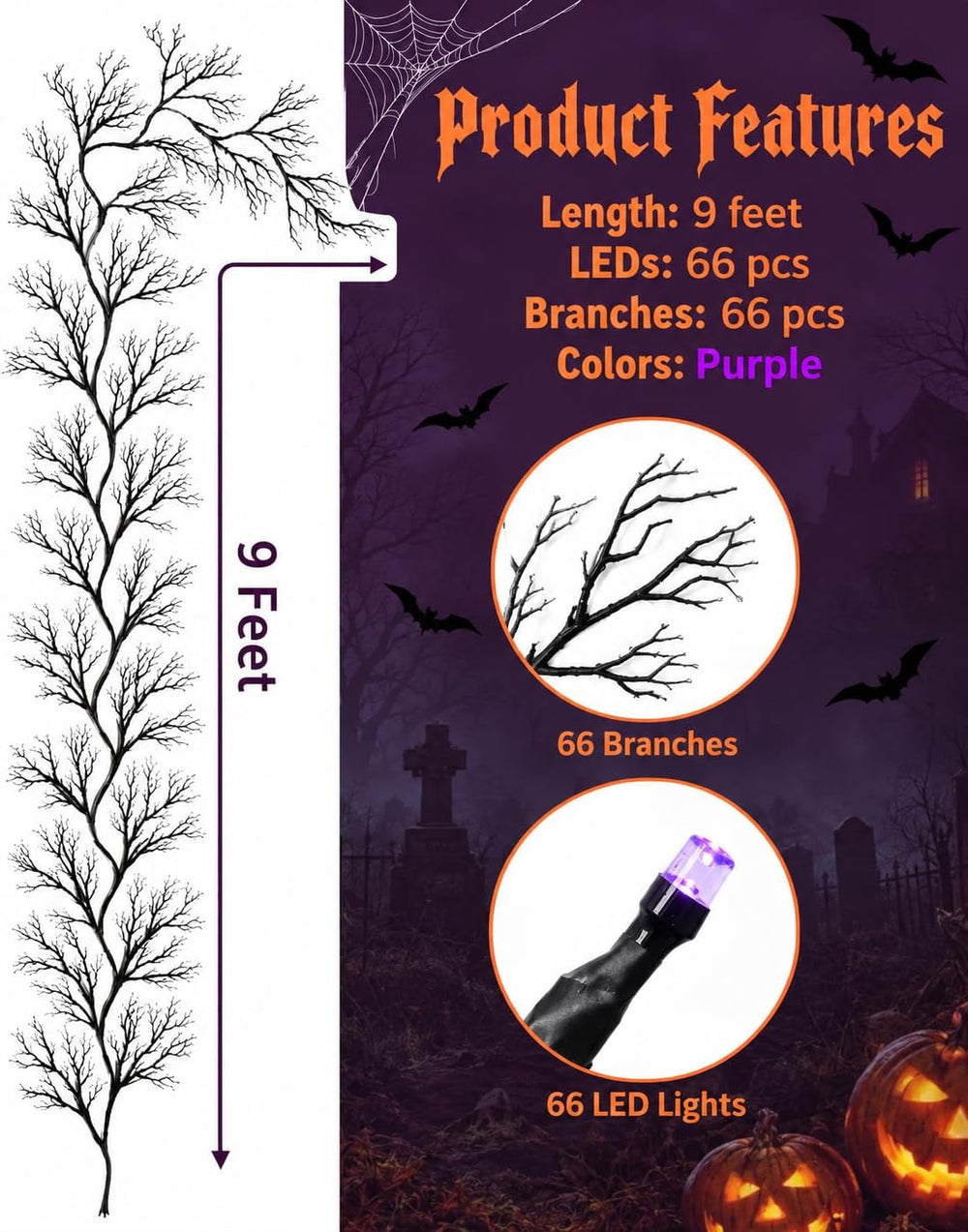 Halloween Twig Garland Decoration with 45 Purple LED Lights, 9 FT