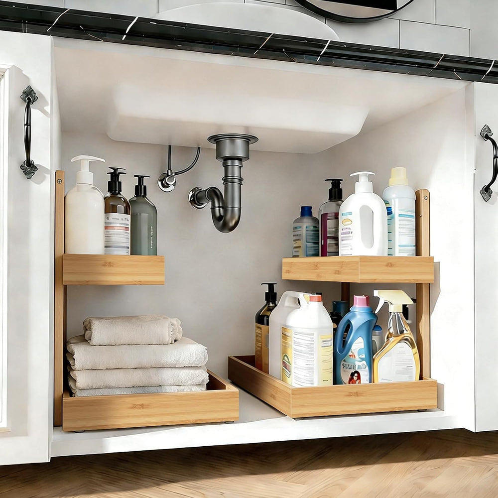 Bamboo Undersink Organizer Storage - 2-Tier Cabinet Shelf with Adjustable Lev...