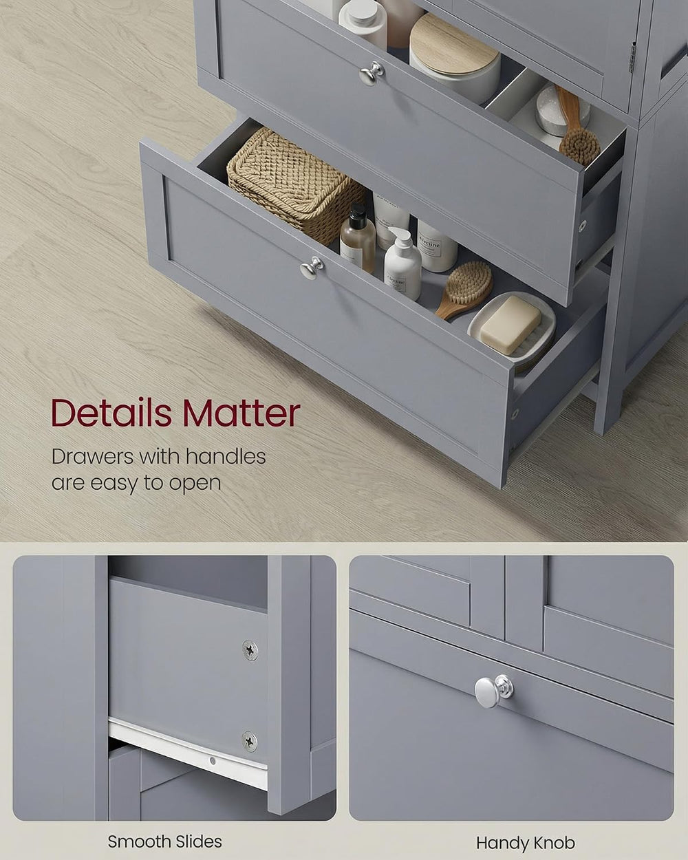 VASAGLE Bathroom Storage Cabinet with 2 Doors, 2 Drawers, Dove Gray