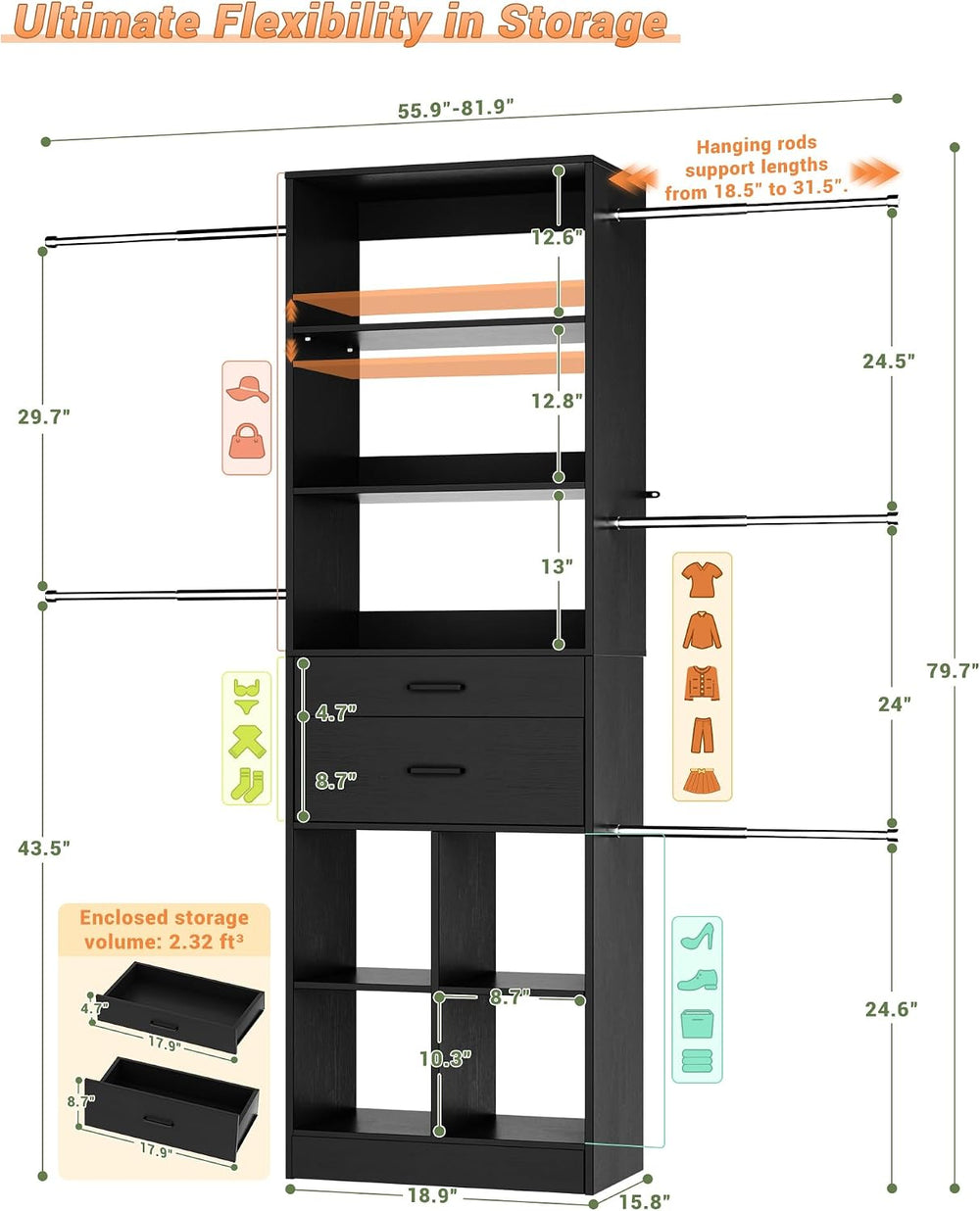 Besiost Small Closet System, 3.2-6.8FT Small Closet Organizer with 5 Hanging ...