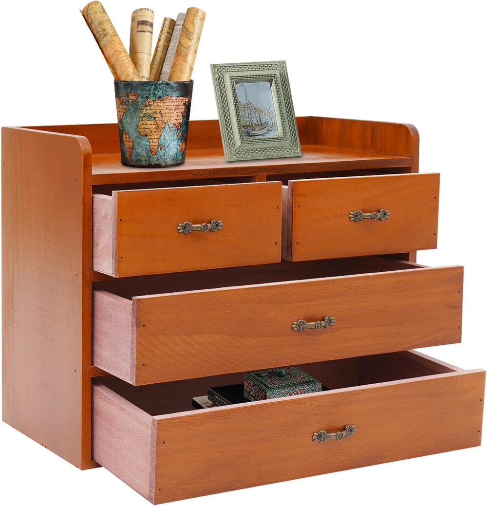 Wood Desktop Organizer with 4 Drawers Countertop Desk Storage Cabinet Retro W...