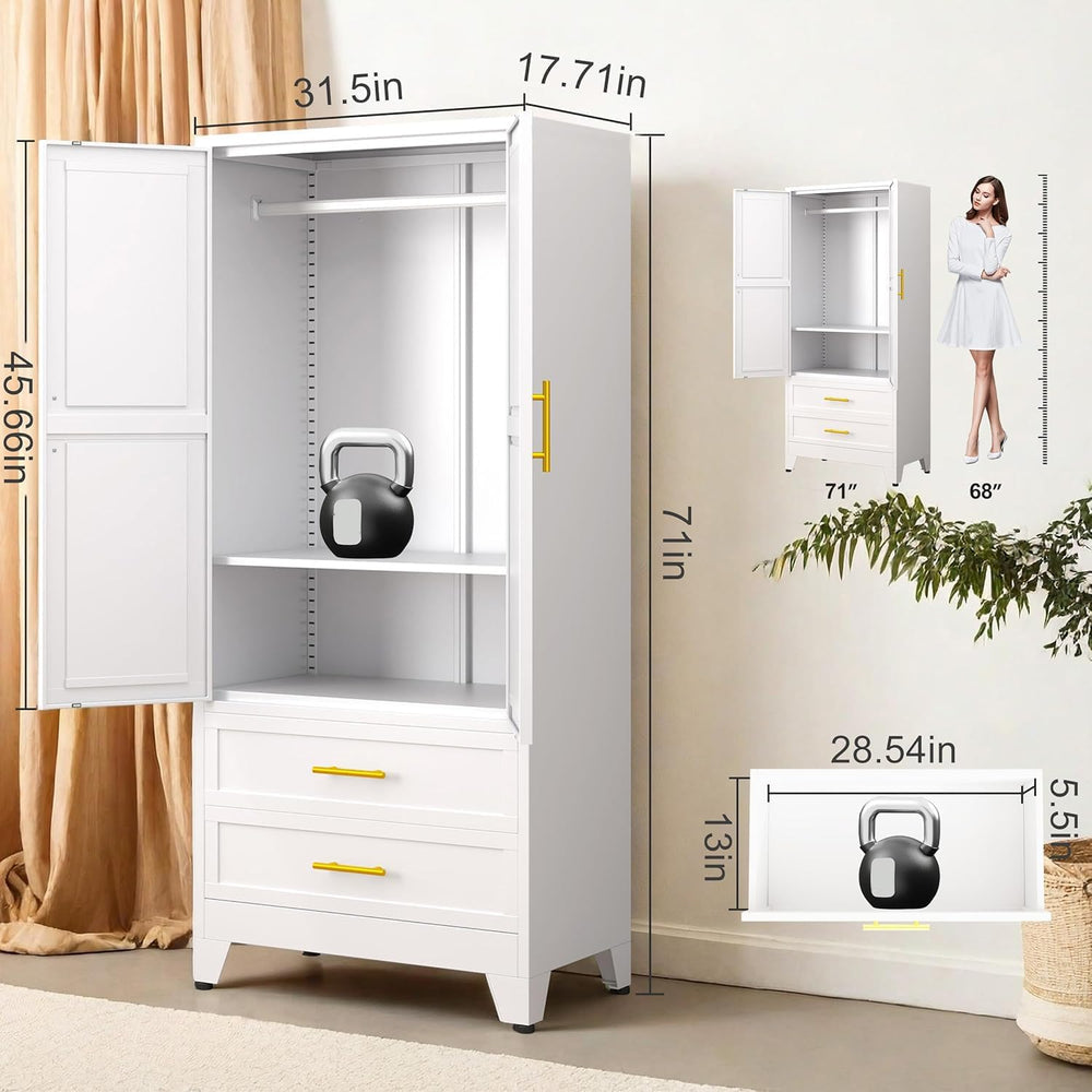 Metal Wardrobe Cabinet with Hanging Rod, Clothing Storage Cabinets