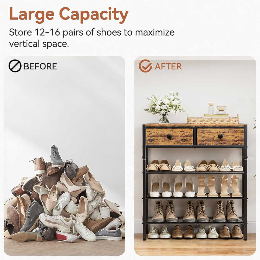 4 Tier Shoe Rack with 2 Drawers, 12-16 Pairs Rustic Brown