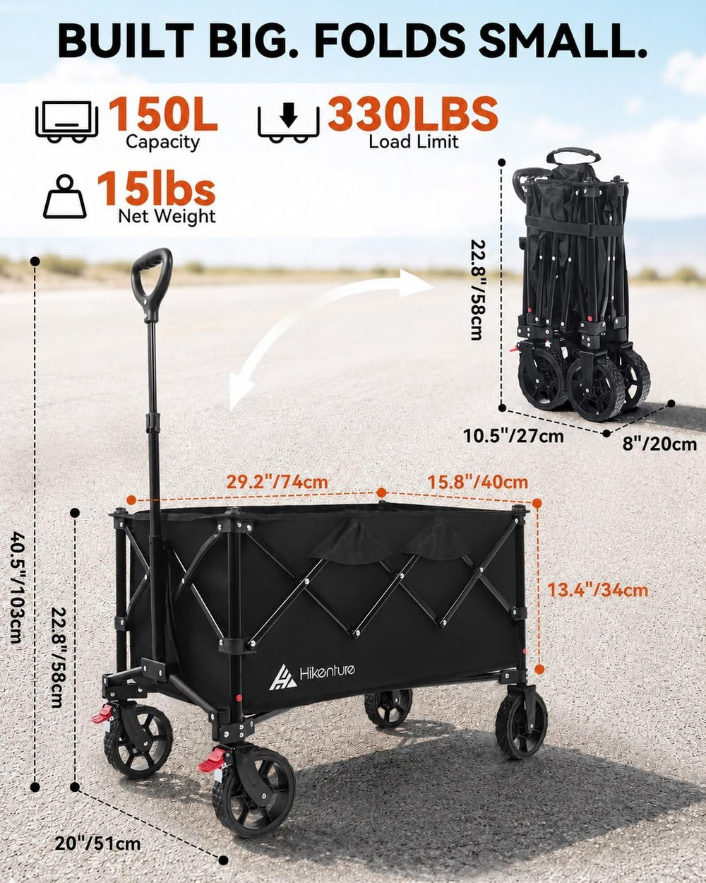 Hikenture Wagons Carts Foldable 330LBS, Heavy Duty Collapsible Wagon