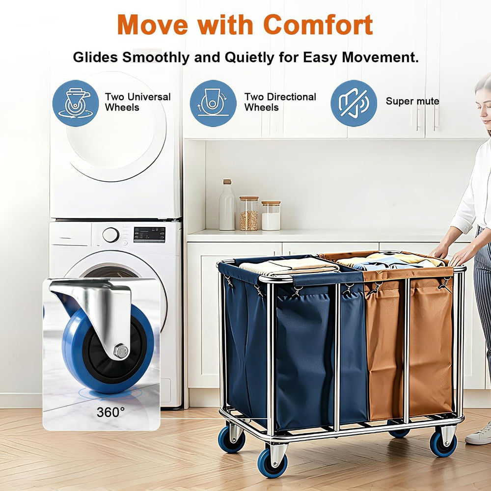 Commercial Laundry Cart with Wheels, 400L 2-Section Industrial Rolling Laundr...