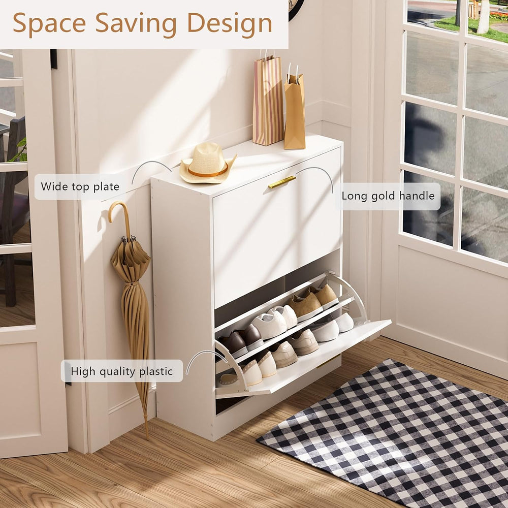 LYNSOM Modern Entryway Shoe Cabinet with 2 Flip Drawers and Top Display, Whit...