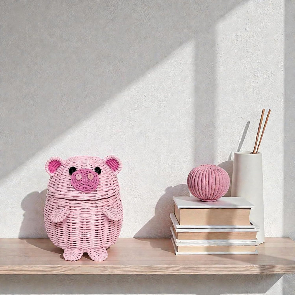 G6 COLLECTION Pig Rattan Storage Basket With Lid Decorative Bin Home Decor Ha...