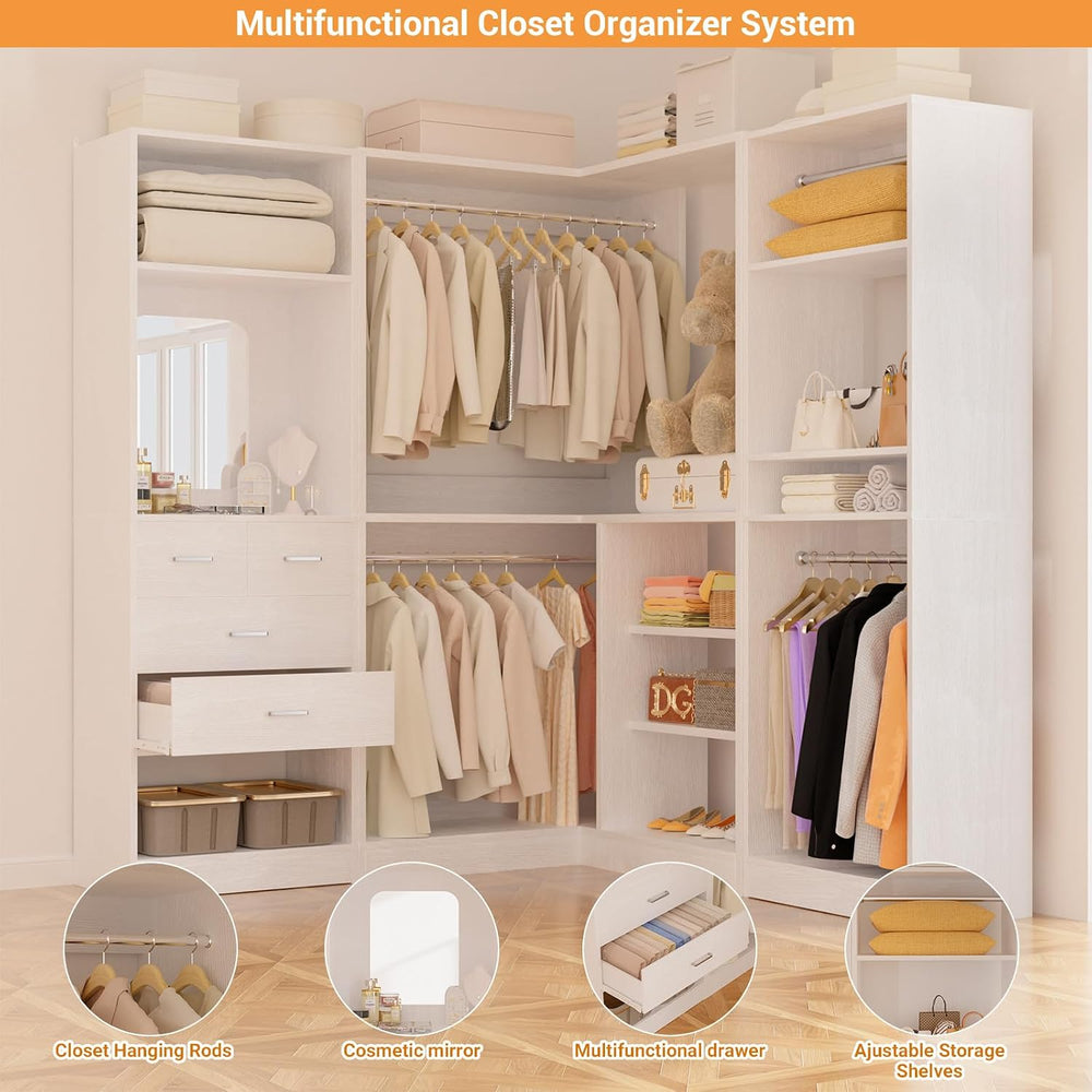 Unikito 86" Corner Closet System with 4 Drawers, 4 Hanging Rods and Mirror