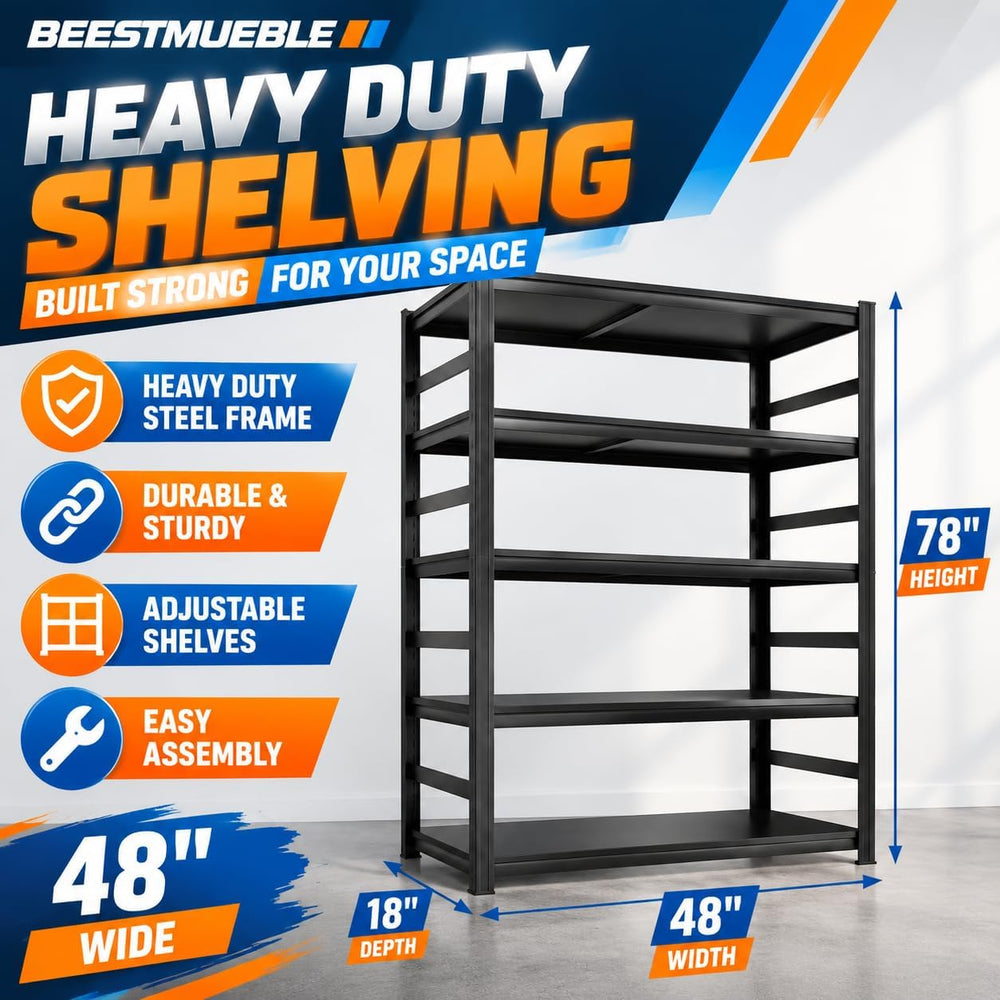 3000LBS Garage Shelving, 5-Tier Adjustable Metal Storage Shelves Unit with Sa...