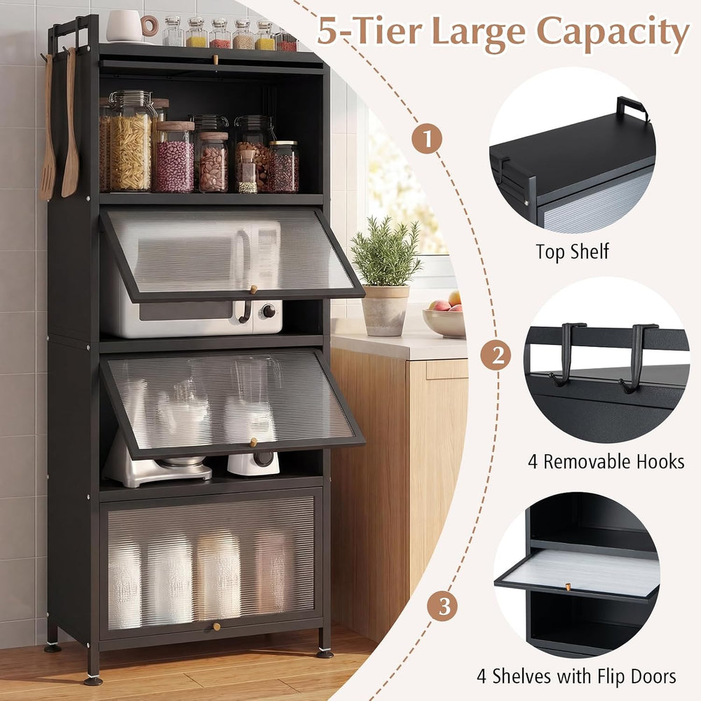GIANTEX 5-Tier Kitchen Storage Cabinet, 4 PC Doors, Rolling Wheels, Black