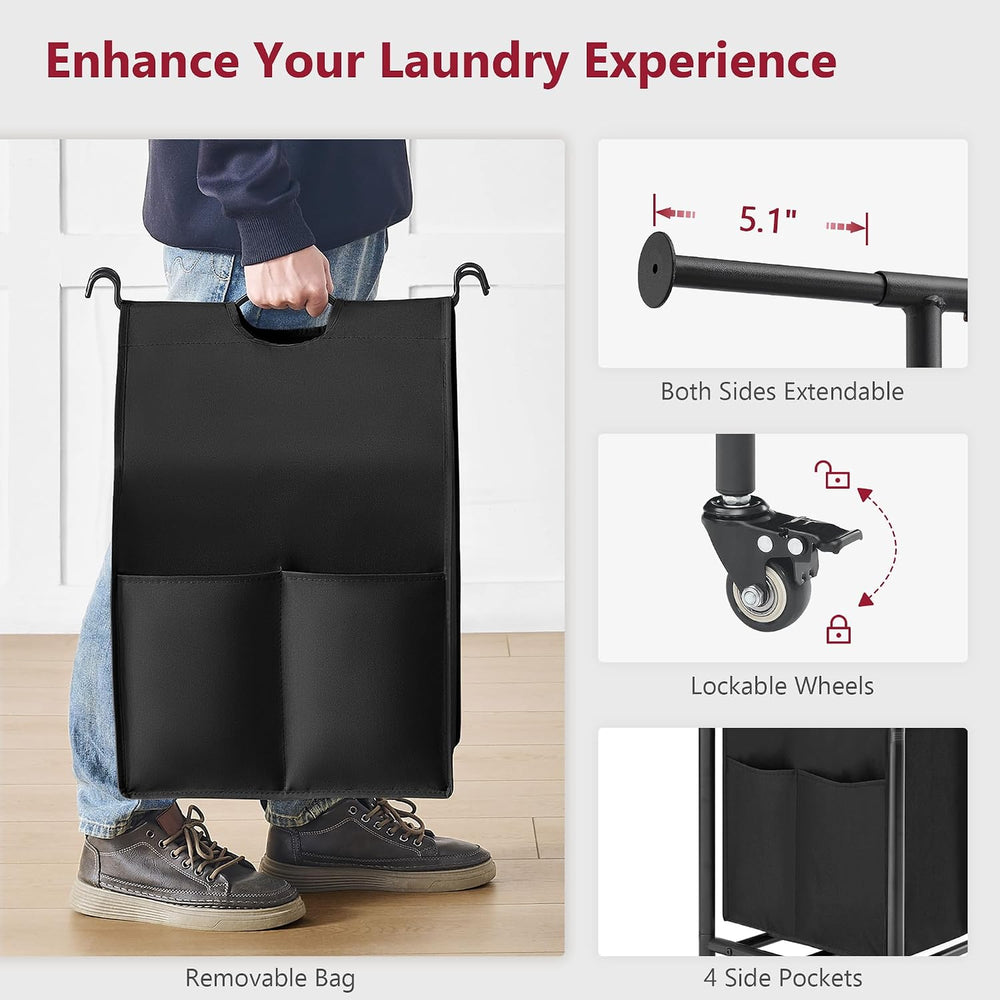 Tajsoon Laundry Sorter with Hanging Bar, 3 Section Laundry Hamper, Black