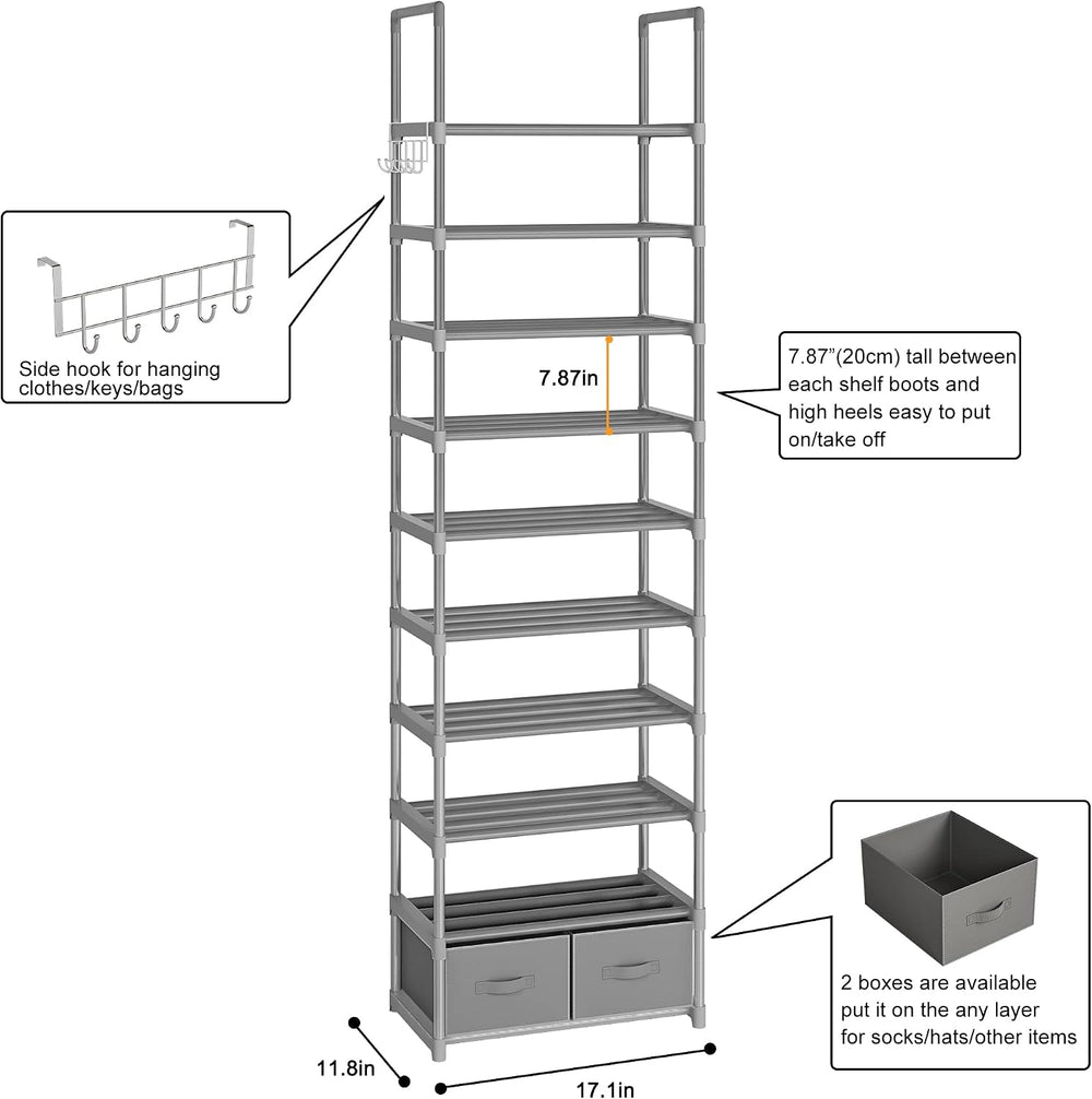 OYREL Tall Shoe Rack Narrow 10 Tier Shoes Rack 20 25 Pairs + 2 Boxes 1 Hook