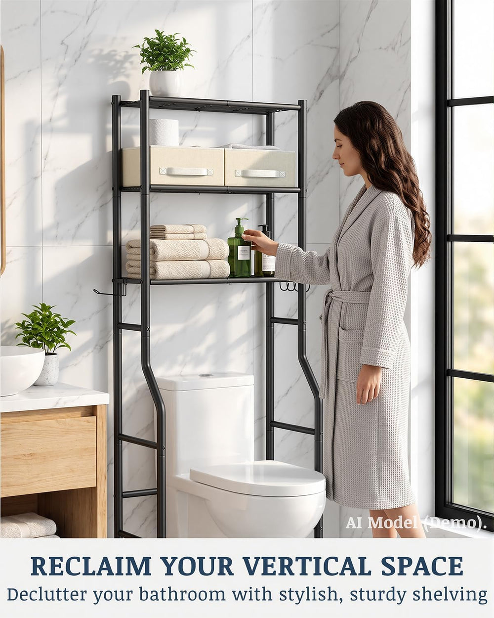 3-Tier Over Toilet Storage Cabinet, 64" H, Black, 2 Baskets