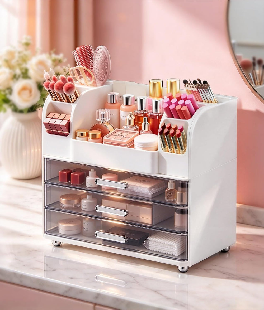 Hanyi Makeup Organizer for Vanity, 3 Clear Drawers, 6 Brush Holders, White