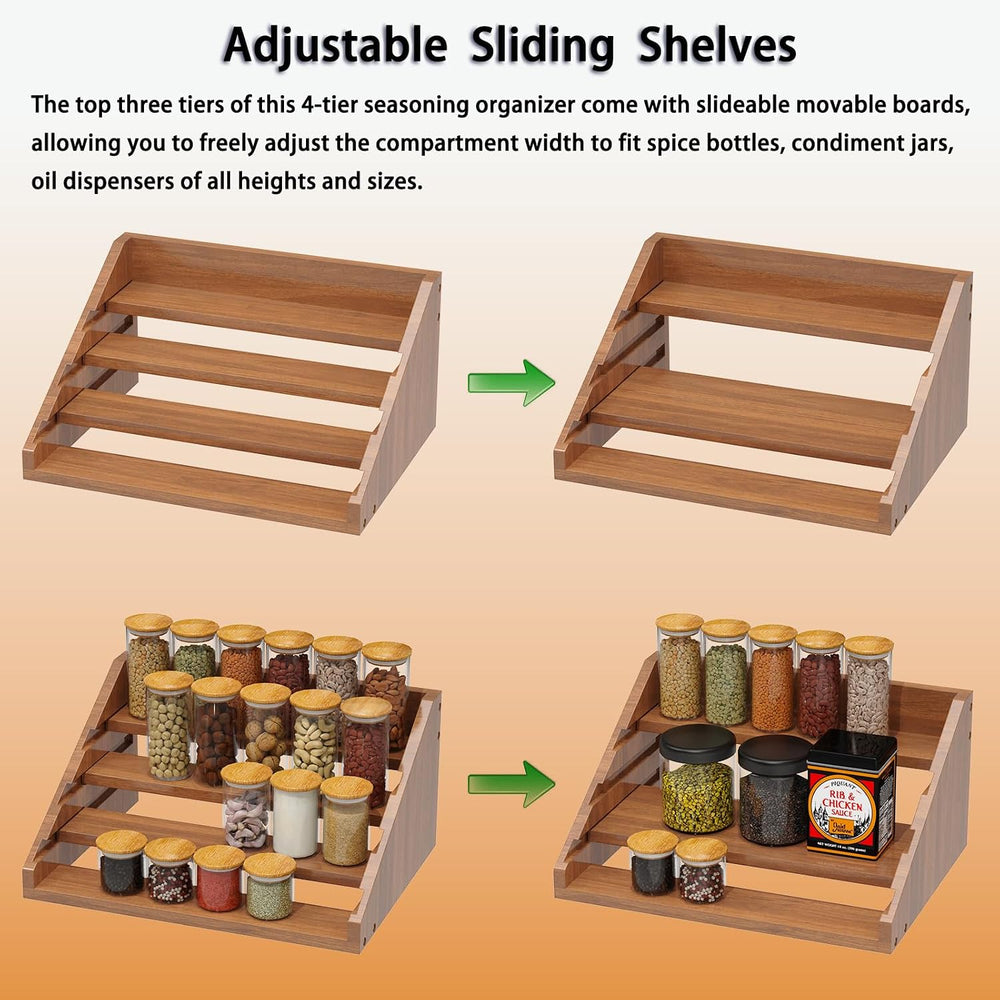 Solid Wood Spice Rack Organizer for Countertop & Cabinet, 4 Tier Adjustab...