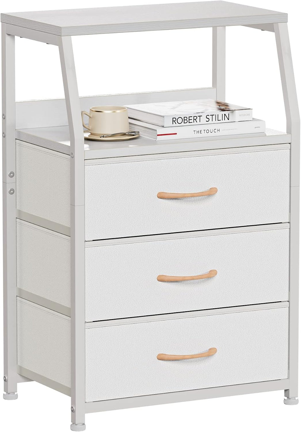 Furnulem White Night Stand with 3 Fabric Drawers , Small Bedside Table