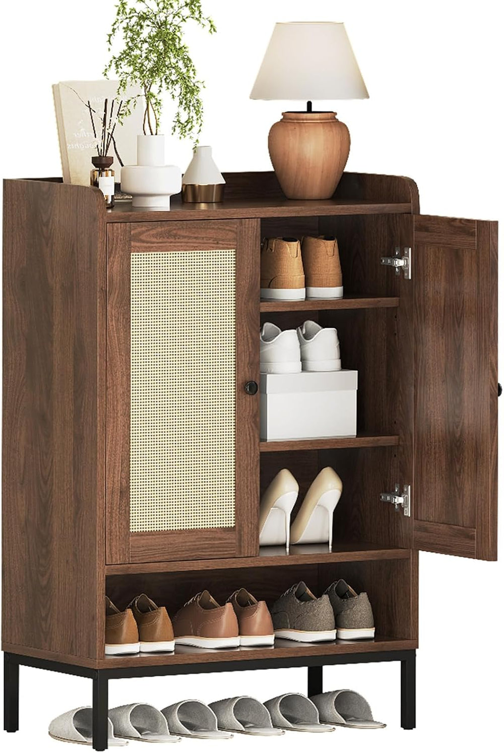 JASIWAY Shoe Cabinet for Entryway, Rattan Shoe Rack Organizer with Doors