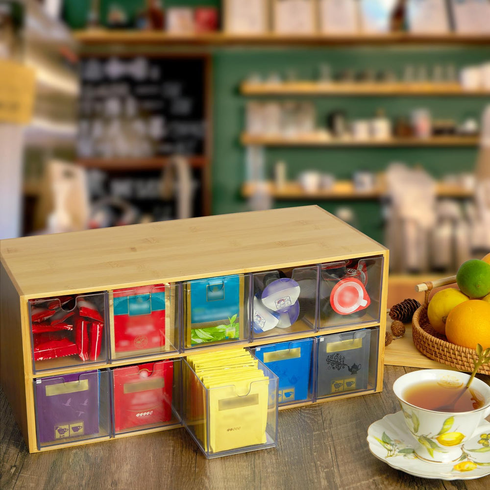 TIMIEEYA Tea Bag Organizer - Bamboo Tea Storage Organizer With Drawer 2 Layer...