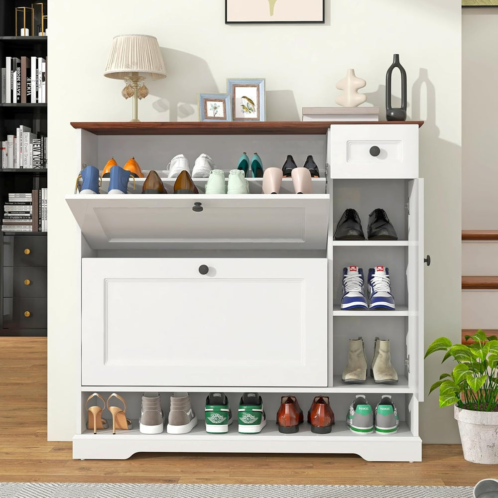 Patiorama Shoe Cabinet Set of 2 with 2 Flip Drawers, Side Cabinet, White