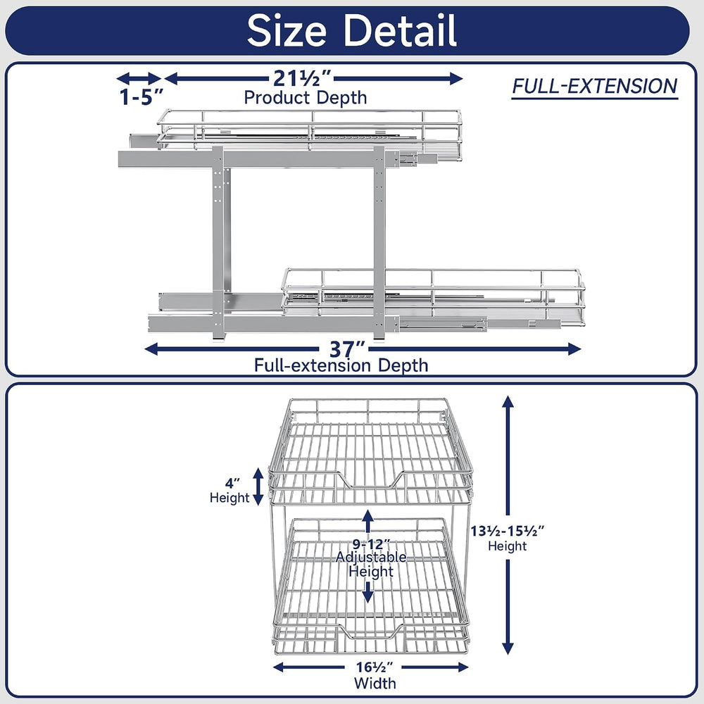 2-Tier Pull Out Cabinet Organizer, 16.5" W x 21.5" D, Heavy Duty Du...
