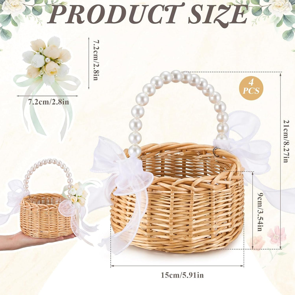 Thyle 4 Sets Wicker Rattan Flower Girl Basket with Wrist Corsage, Champagne