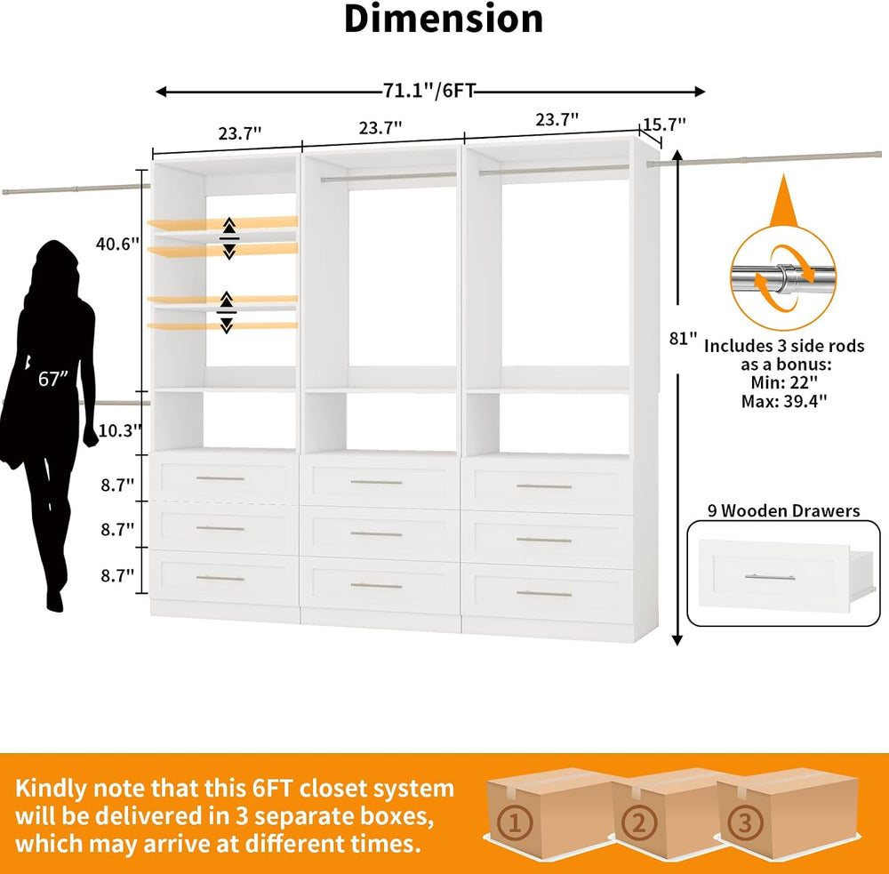Closet System with Drawers, 6FT–15FT Closet Organizer System with 9 Drawers, ...