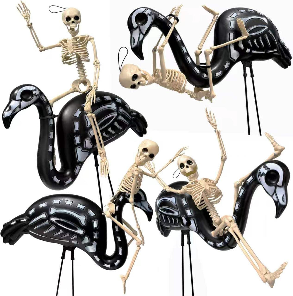 4-Pack Halloween Black Flamingo Skeleton with 4-Pack 16" Posable Skeletons