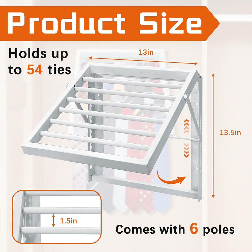 Tie Rack Wall Mounted, Adjustable Angle Tie Organizer for 60 Ties & Scarves
