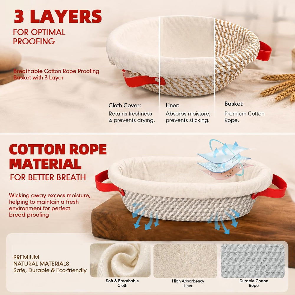 Banneton Bread Proofing Basket, 9" Round & 10" Oval Cotton Rope...
