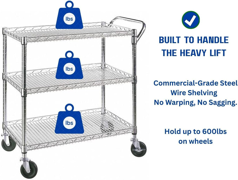 Heavy Duty Rolling Utility Kitchen Cart on Wheels, Chrome Wood Serving Cart C...
