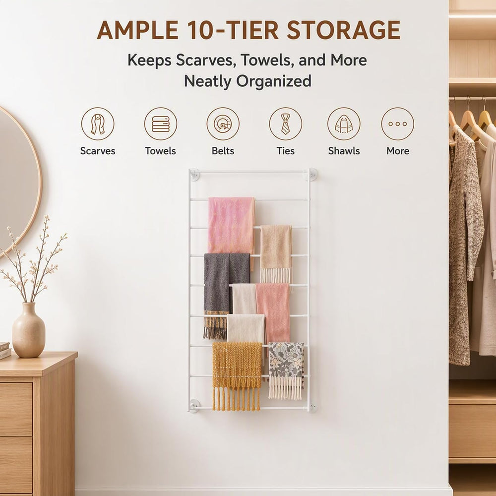 10 Tier Wall Mounted Rack,Scarf Display Stand,Belt Pants Hangers Scarves Hija...