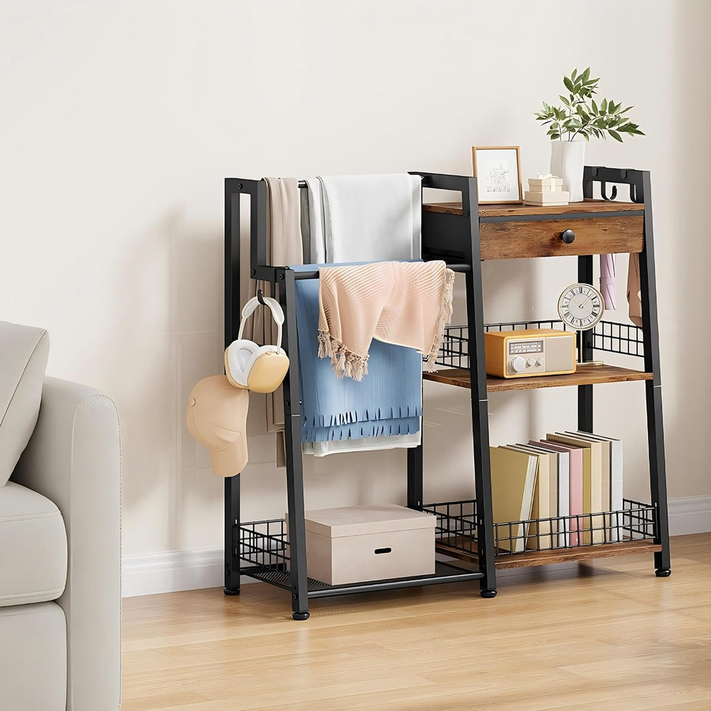 2-in-1 Bathroom Ladder Shelf with Towel Rack & Drawer,Rustic Brown