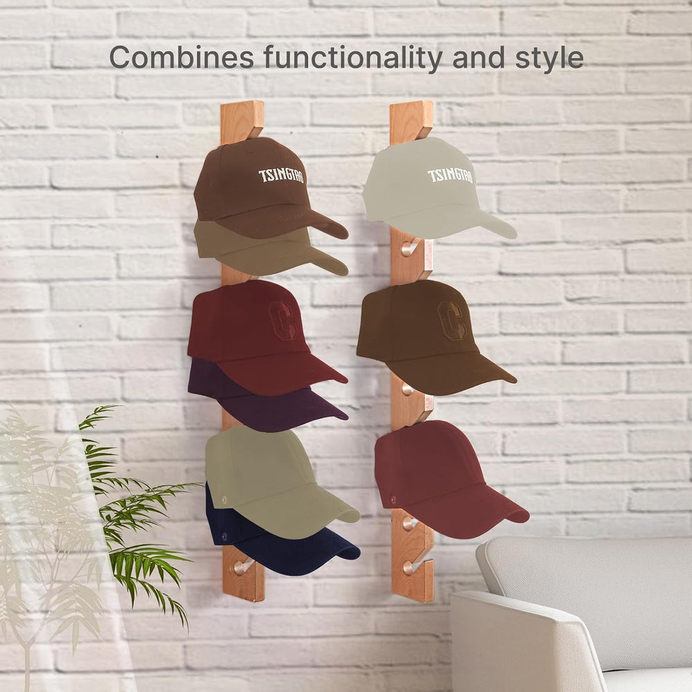 3 Pack Beech Wood Hat Rack for Wall – 10 Hooks Baseball Cap Organizer | Verti...