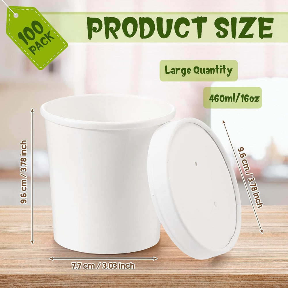 Fulmoon 16 oz 100 Pack Paper Containers with Lids Soup Bowl Cup, White